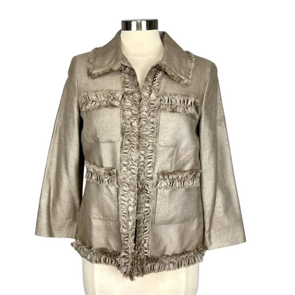 Doncaster Womens Silk Taupe Beige Blazer Jacket Ruffle Trim Hook Front size 6 - Picture 1 of 13